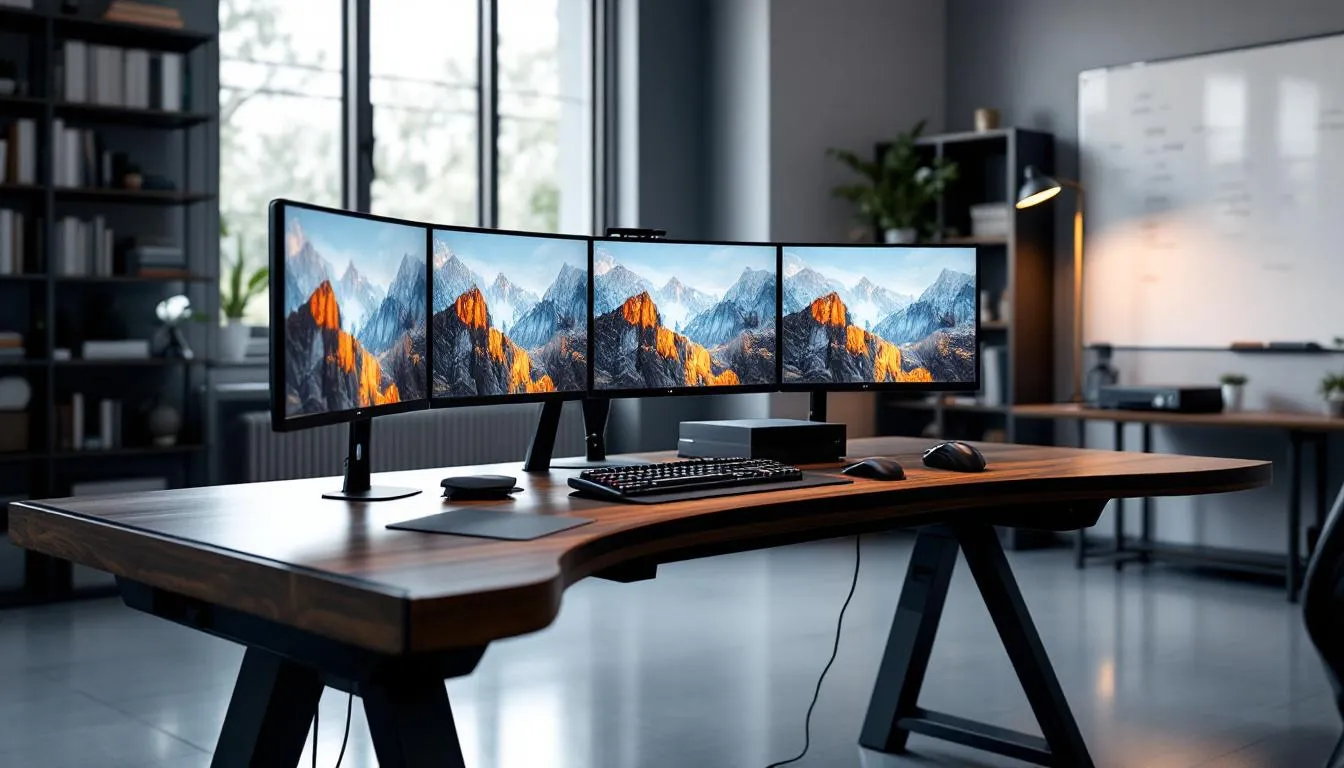 In a modern office space, multiple monitors display various online gambling platforms, including sports betting and online casinos, while gaming equipment is arranged neatly around the room, highlighting the dynamic environment of the gaming industry. The setup reflects a professional atmosphere conducive to the operations governed by the Curaçao gaming authority and its licensing process.