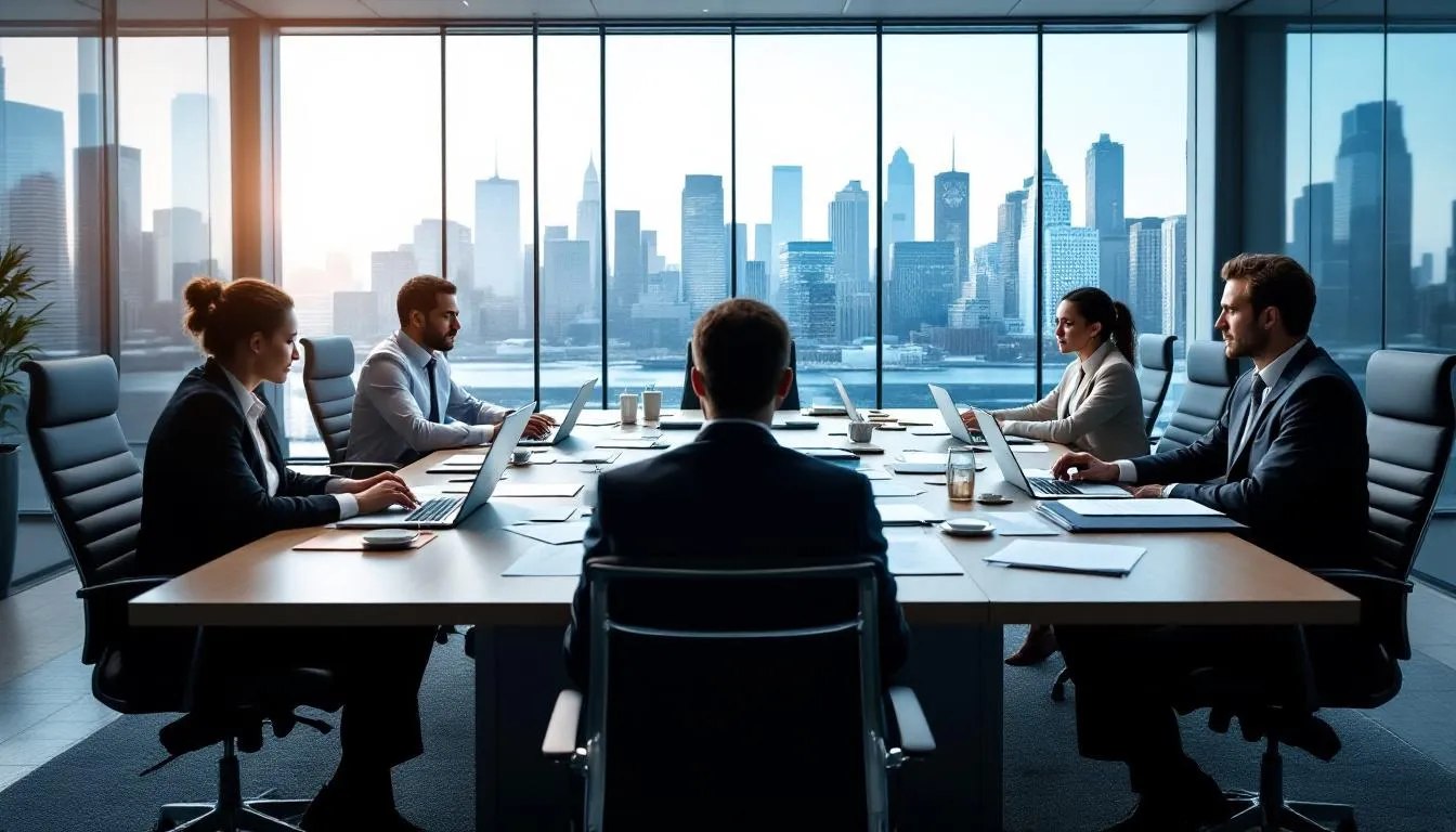 A professional business meeting is taking place at a conference table covered with documents and laptops, indicating discussions likely related to the online gambling industry, including aspects like licensing processes and operational costs. The atmosphere is focused and collaborative, with participants engaged in exchanging ideas about gaming licenses and responsible gaming practices.