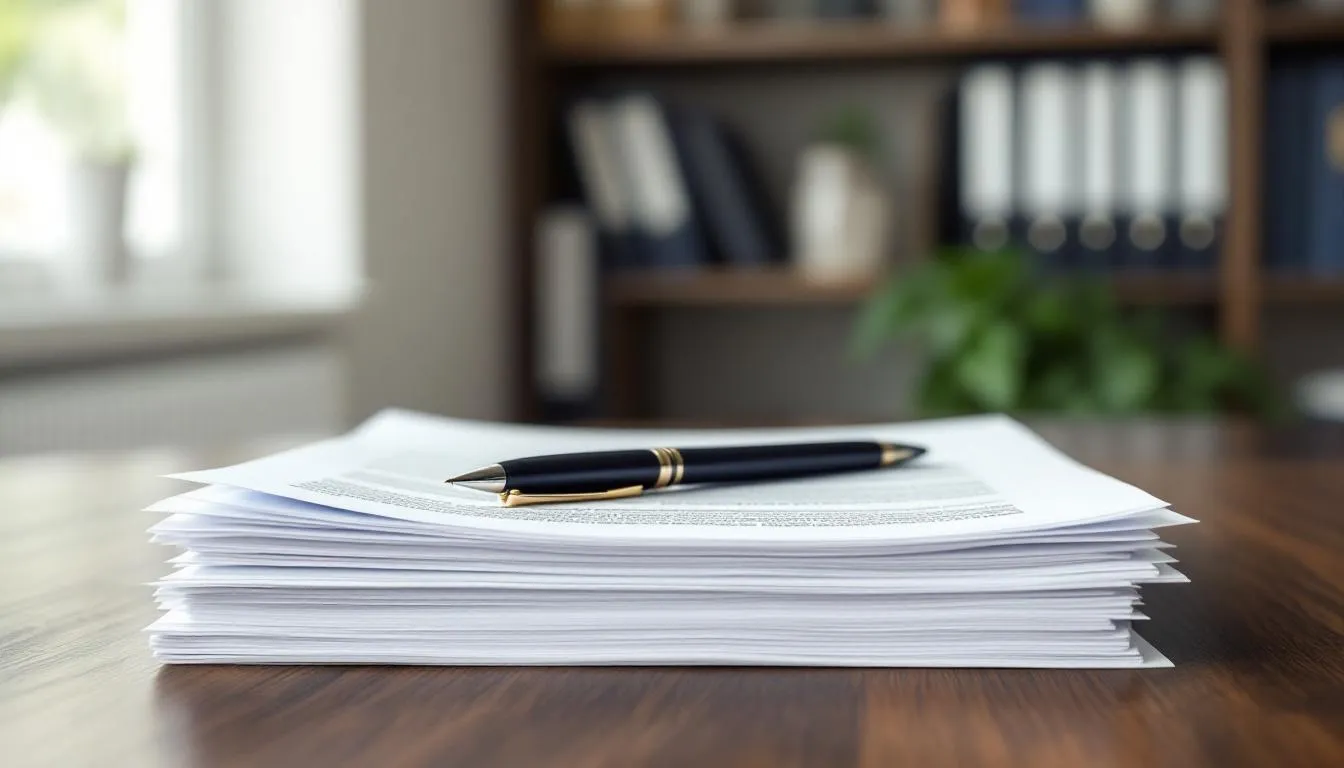 A stack of legal documents is neatly arranged on a wooden desk, accompanied by a pen, suggesting preparation for a licensing process related to the online gambling industry under the curaçao gaming authority. The scene conveys a sense of professionalism and organization, essential for navigating the complexities of gaming licenses and compliance.