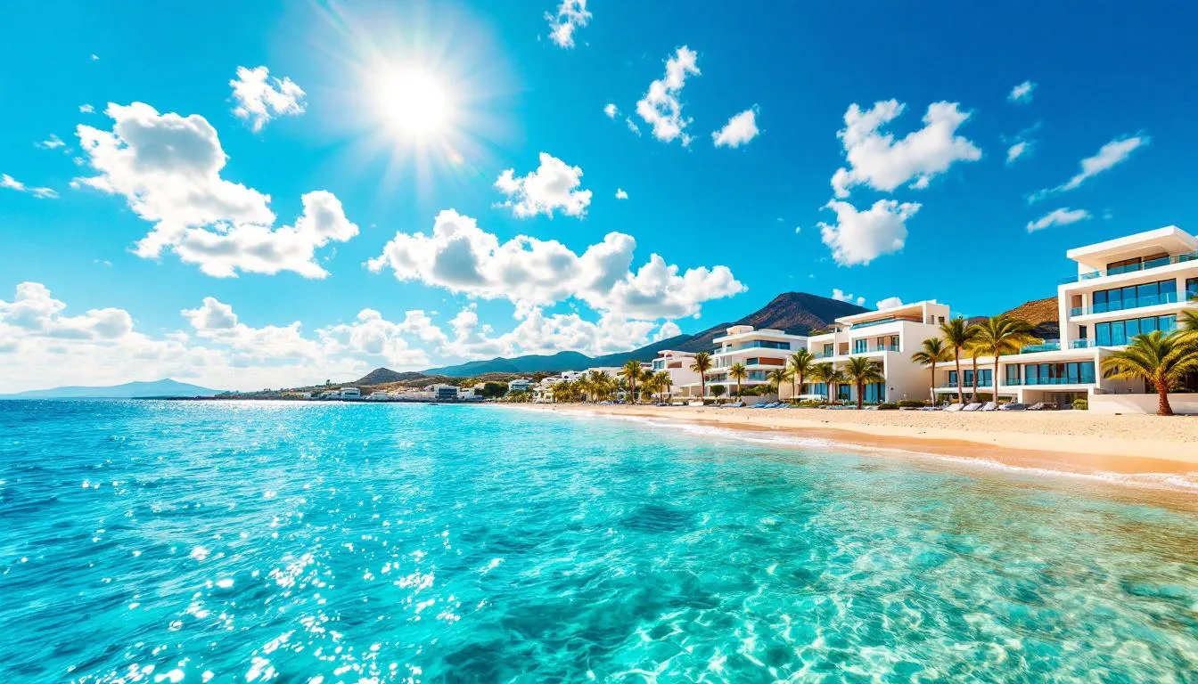 A breathtaking view of the Curacao coastline showcases crystal blue waters lapping against the shore, complemented by modern buildings lining the beach. This picturesque setting highlights the island's appeal, which is also home to a thriving online gambling industry, supported by the Curacao gaming authority and its licensing framework.