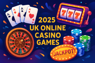 Vibrant illustration showcasing popular UK online casino games for 2025, including playing cards, roulette wheel, slot machines, poker chips, and jackpot symbols.