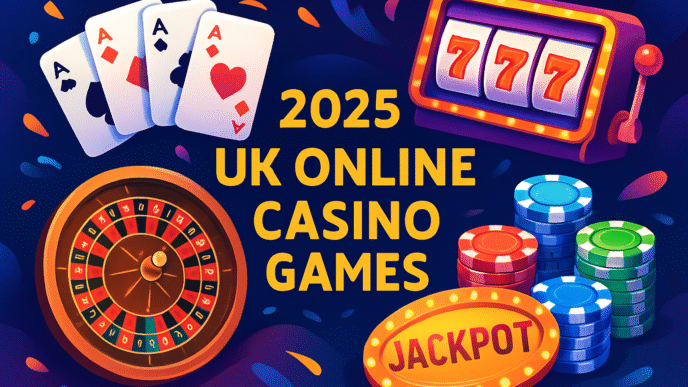 Vibrant illustration showcasing popular UK online casino games for 2025, including playing cards, roulette wheel, slot machines, poker chips, and jackpot symbols.